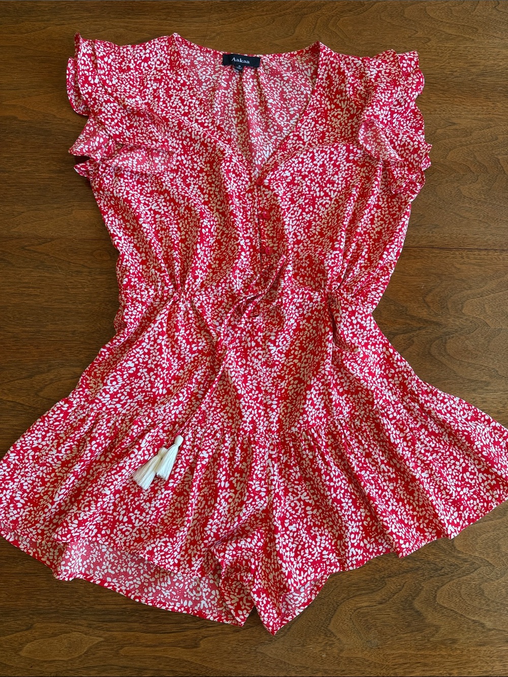 Aakaa Red Floral Print Romper with Tassel Tie